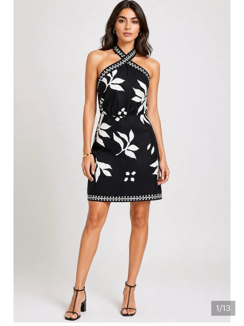 LOFT Black and White One-Shoulder Floral Halter Dress